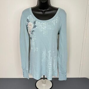 Decree Thermal Top Women XL Blue Waffle Knit Floral Embroidered